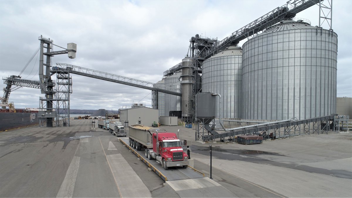 G3_Connection's tweet photo. Canadian #grain shipments through the St. Lawrence Seaway are up 20% over last year so far - that's kept our laker vessel G3 Marquis busy, seen here loading up at G3 Hamilton @HOPAports + more trucks arriving with more grain delivered direct to us. https://t.co/JuTnFU8sv7 https://t.co/iSeTBqKt2P