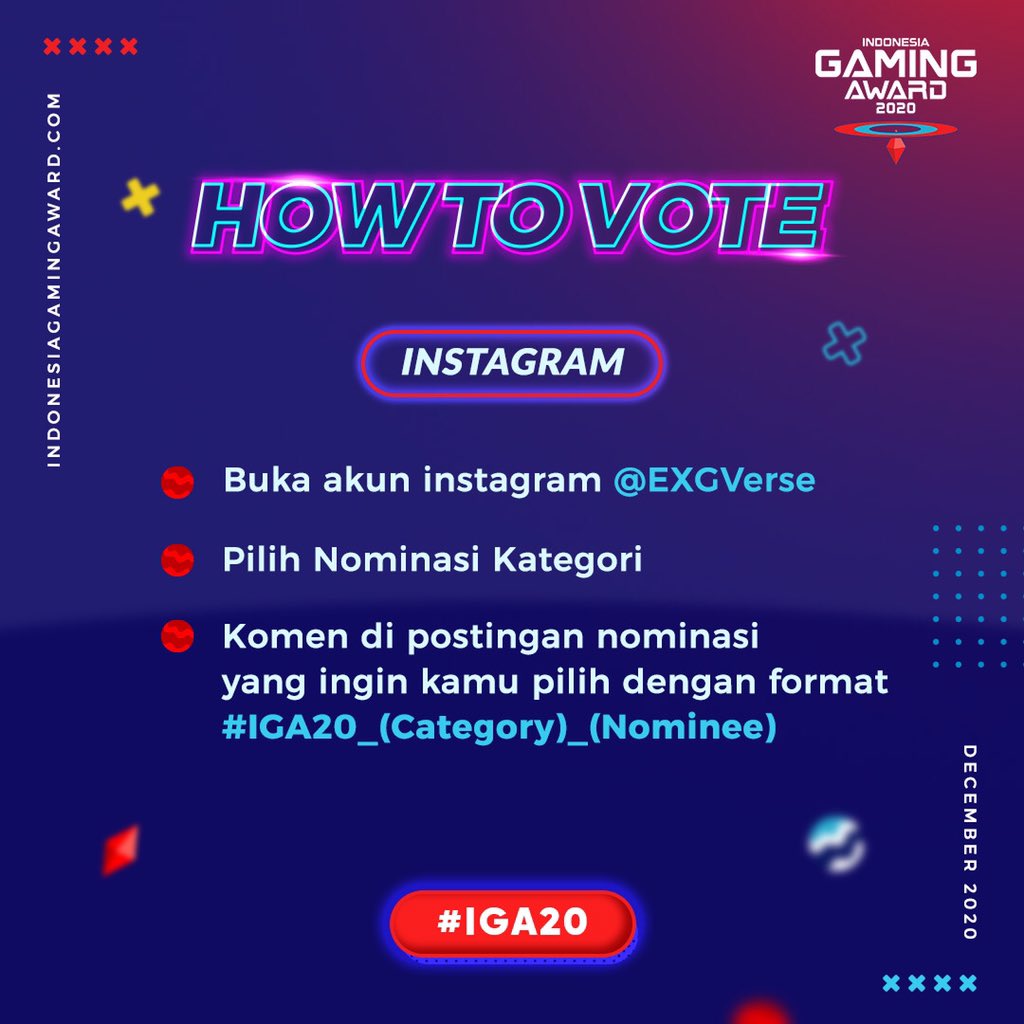 exgcon's tweet photo. Ini dia caranya untuk voting di Indonesia Gaming Award 2020.

Harap dibaca baik-baik supaya gak salah ya guys!
Selain di Instagram, kalian juga bisa voting melalui:

1. Website https://t.co/QZQp0wjYyR (link di bio)
2. Twitter @EXGCON

#EXGVerse #IGA20 https://t.co/0sQfCgW6fh
