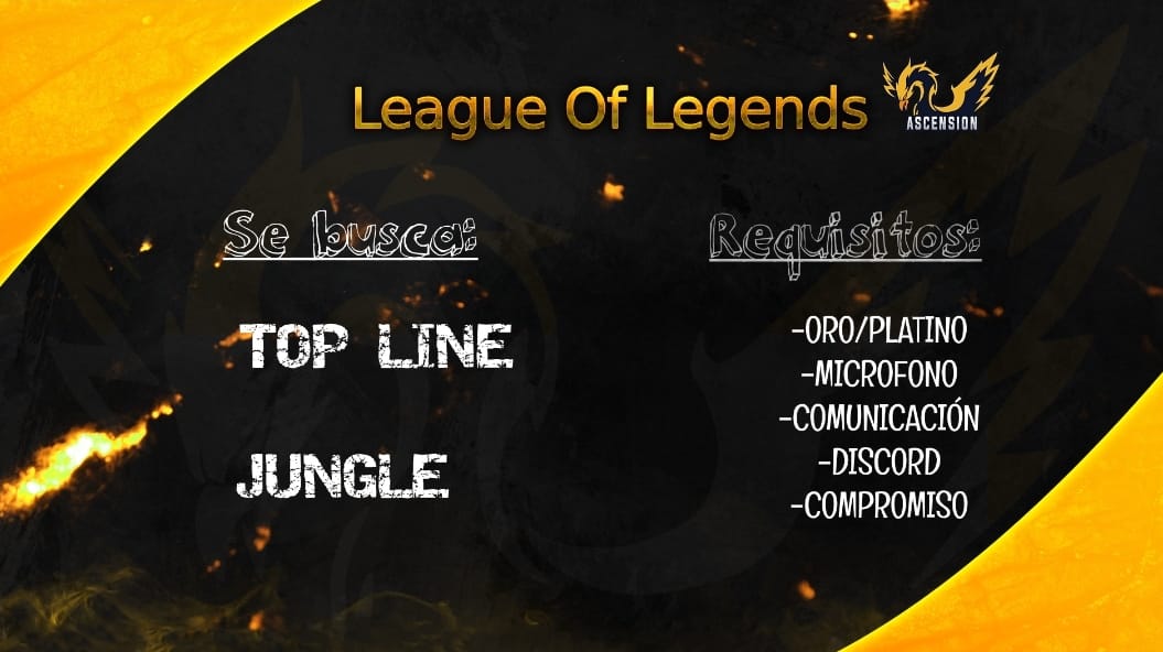 AsC_ES's tweet image. 🚨¡ATENCIÓN!🚨

Te estamos buscando 👀

Si juegas al LOL, es tu momento. ¿Quieres formar parte de Ascensión ESports?

Si cumples los siguientes requisitos, no dudes en ponerte en contacto con nosotros 🔽