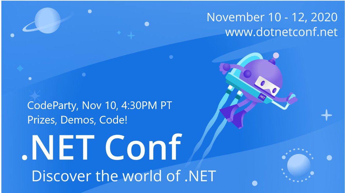 dotnetfdn's tweet photo. #CodeParty at #dotNETConf, Nov 10 at 4:30PM PT. Join us for #prizes, demos, lots of geeky goodness and did we mention prizes? Stay tuned for more details! https://t.co/1JDe7SmWpw