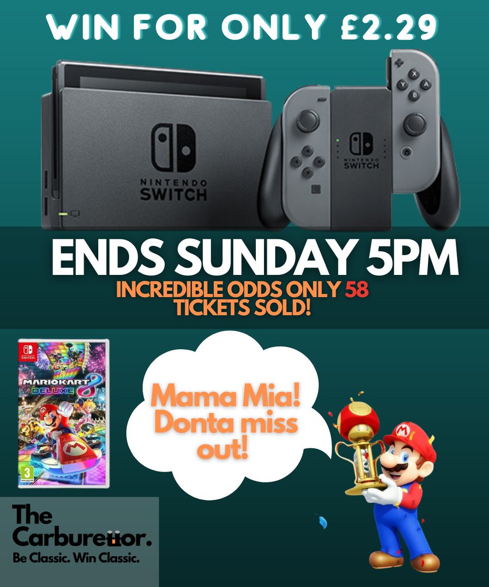 TCarburettor's tweet photo. 4 days left to grab your ticket! Win this Nintendo Switch &amp; Mario kart 8 bundle, perfect for Christmas.
➖
Incredible odds, only 58 tickets sold!!
➖
https://t.co/69agz22j0V
➖
#nintendoswitchgiveaway #mariokart #mariokart #greatodds #win #gaming #giveaway #contestgiveaway https://t.co/XoZILb20iQ