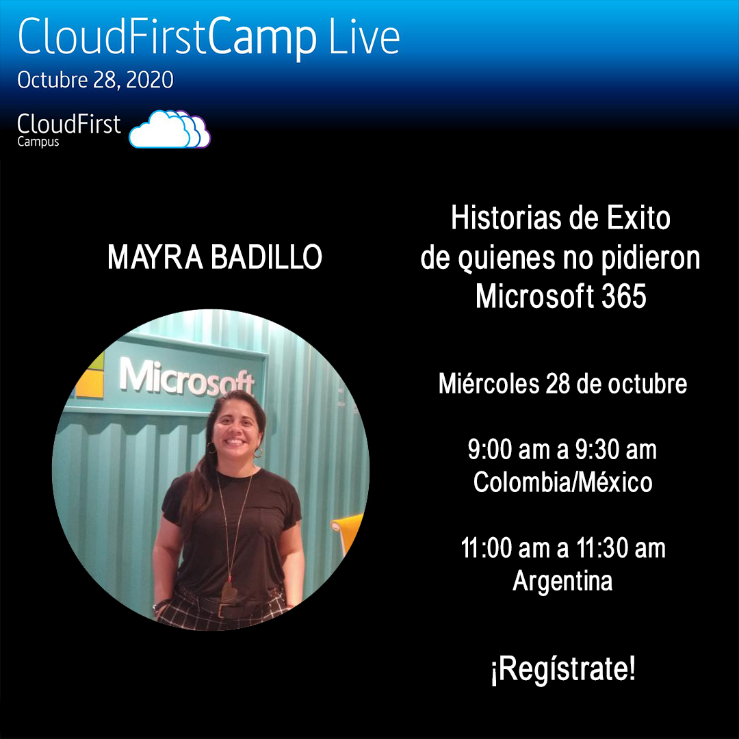 Comenzando  #CloudFirstCamplive acompáñanos 
9:00 am a 9:30 am
Historias de Éxito de quienes no pidieron Microsoft 365 con Mayra Badillo Villamizar
Registro: lnkd.in/gUHdNMW
Evento: lnkd.in/eZQ37vT
.
#CloudFirstCamp #CloudFirstCamplive #lanube #tecnologia