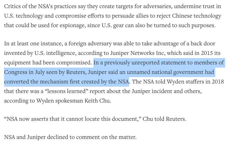 dnvolz's tweet image. This is wild: Juniper had a back door in its gear—placed at the request of the NSA—compromised by a hostile foreign government. 

NSA informed @RonWyden they wrote a &quot;lessons learned&quot; report after the episode, but now says it cannot locate that document.

reuters.com/article/us-usa…