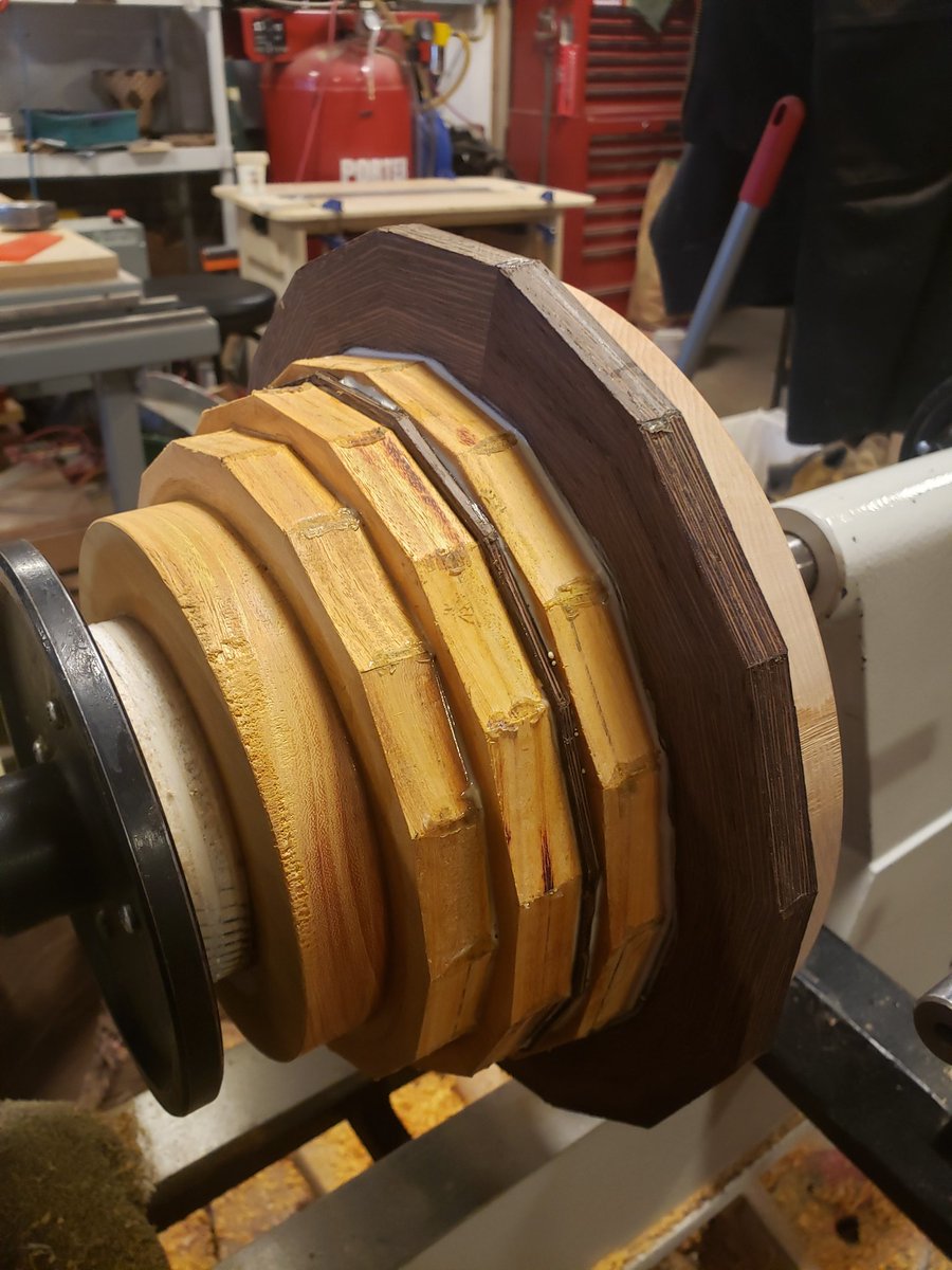 KyleStubbins's tweet photo. Started the glue-up last night &amp; finished it this morning before heading off to work. 

#woodworking #segmentedturning https://t.co/EazWG8jvcN