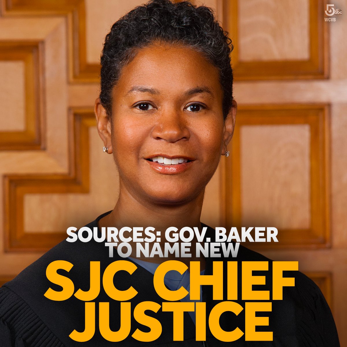 WCVB's tweet photo. Sources say Gov. Baker will today nominate the first black woman to lead Massachusetts' highest court. She'd also be the youngest chief justice in about 150 years. https://t.co/CVZxxhQUOB https://t.co/IC7nAlsFiN