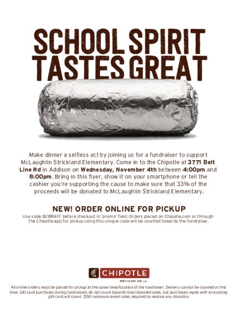 Please support McStrick on November 4th from 4-9 at Chipotle in Addison!!  Make sure you show the flyer or tell the cashier you are there to support McLaughlin Strickland when you pay. If you order online just use the code: 828RAFF. PLEASE SHARE THIS POST!!!!!!!