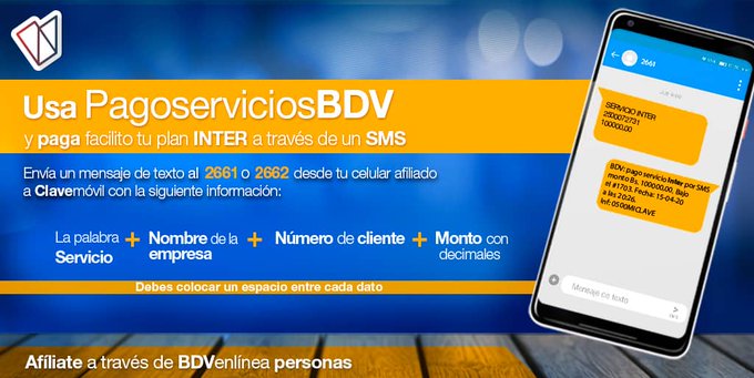 BcodeVenezuela's tweet photo. A través de #PagoserviciosBDV paga tu factura #Inter, solo con enviar un SMS al 2661 o 2662 📲

Prevenir es facilito #QuédateEnCasa 🏡 https://t.co/DittaFo9lb