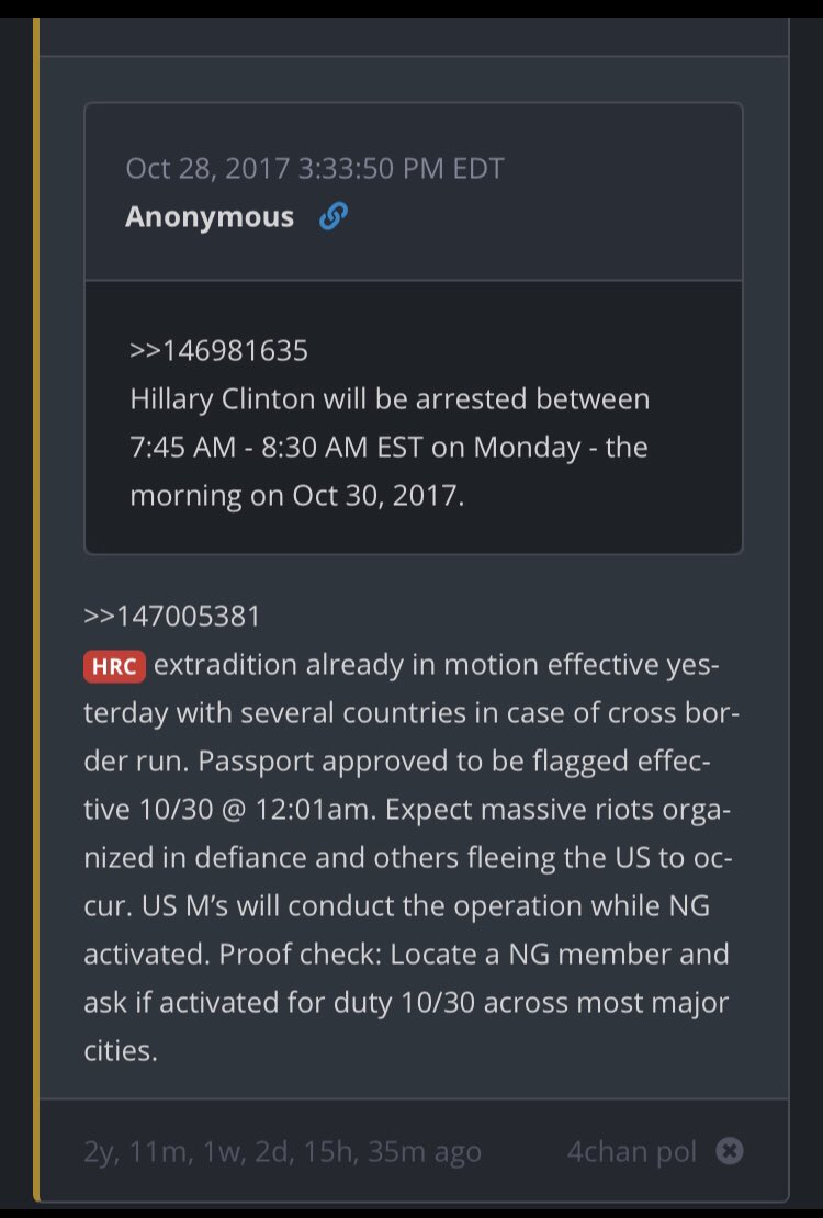 travis_view's tweet image. Three years ago today, the very first Q drop claimed that "HRC extradition already in motion."

Since then Q left Hillary unscathed, but has broken families, spread misinfo, inspired kidnappings and violence, and clogged trafficking hotlines with bogus tips.

Happy 3 year delta!