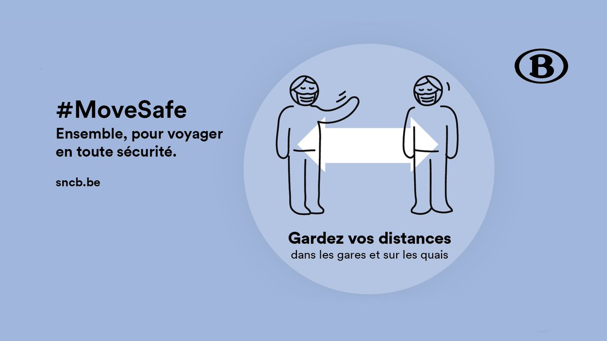 SNCB's tweet image. Voyager en toute sécurité est l’affaire de tous : portez votre masque, voyagez avec un titre de transport valable acheté de préférence en ligne et gardez vos distances dans les gares et sur les quais. Merci pour votre solidarité 🙏 #MoveSafe #SNCB