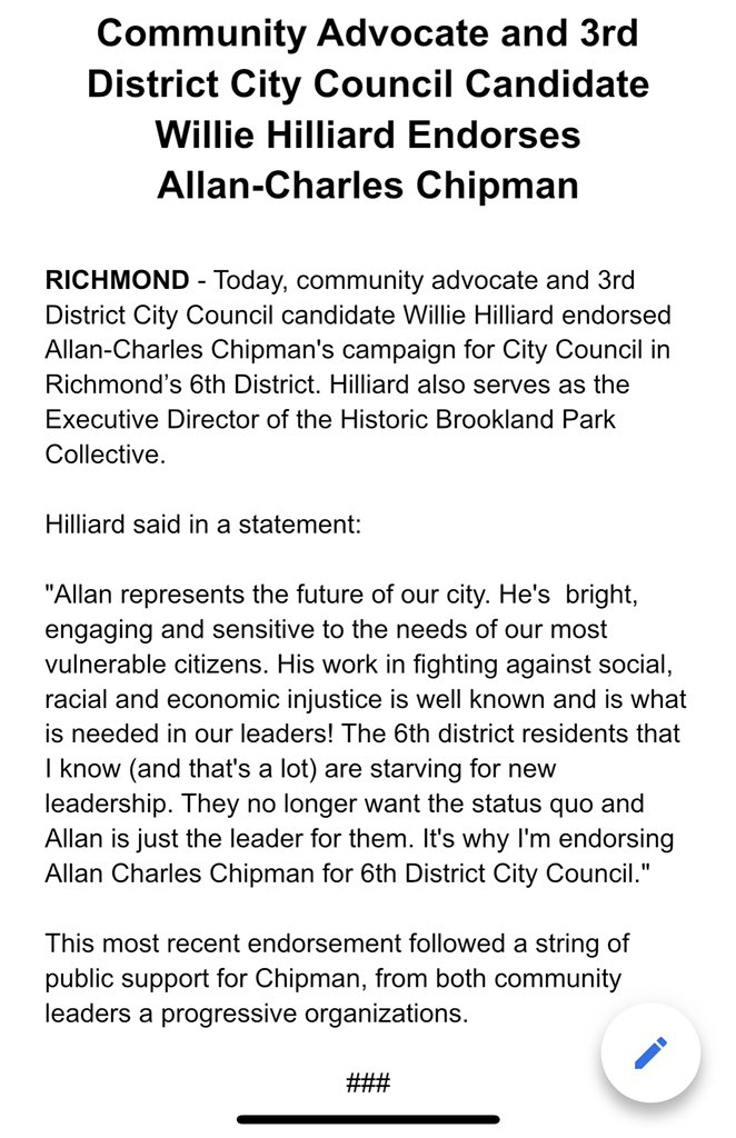 🚨Endorsement Alert🚨 
Honored to have the support of fellow City Council candidate, community advocate and hardworking leader Willie Hilliard! Willie Hilliard is a true man of the people! Read his full endorsement statement below: