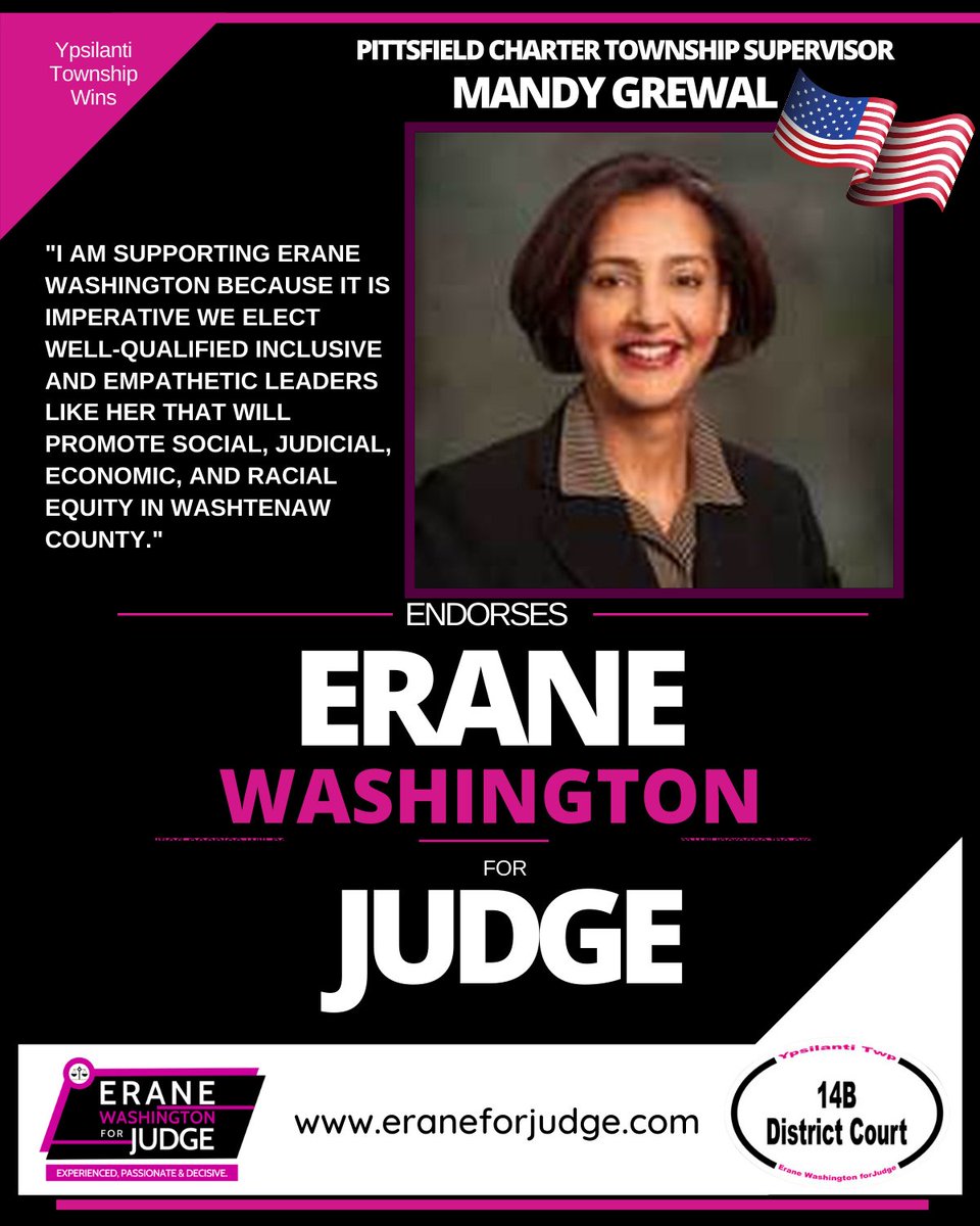 erane4Judge's tweet photo. The CTE Erane C. Washington Judge is ecstatic to announce the endorsment of Mandy Grewal, Pittsfield Township Supervisor.  Mandy understands the need for inclusiveness, especially when there is an eminently qualified candidate.  Thanks you Supervisor Grewal.

#TeamErane https://t.co/nhY4LrDJ2R