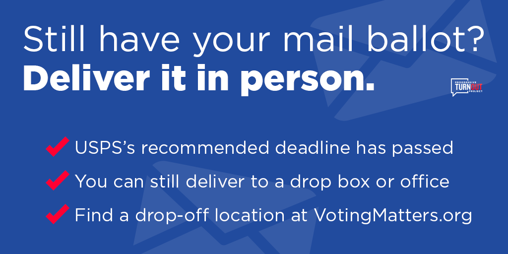 ATTENTION: If you have not yet mailed your ballot, it is now time to deliver it in person!

Ensure your ballot is delivered on time and counted by dropping it off at a ballot drop box or county elections office! 

Visit votingmatters.org to find a drop off location near you