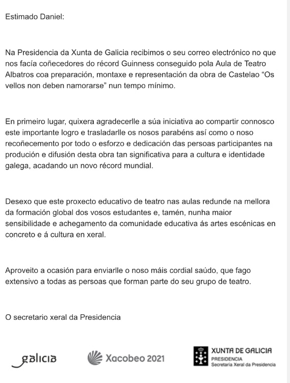 Hoy hemos recibido un mail de Presidencia de la <a href="/Xunta/">Xunta de Galicia</a>, felicitándonos por la consecución del Récord Guinness.
¡Qué orgullosos nos sentimos de haber logrado esto juntos!
