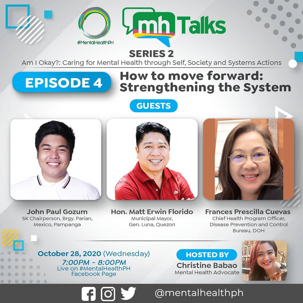 mentalhealthph's tweet image. #MentalHealthPH invites you to the fourth and final episode of our second #MHTalks series entitled, &quot;How Are We: Enabling the Society&quot; happening this October 28, 2020 (Wednesday) at 7:00 PM.