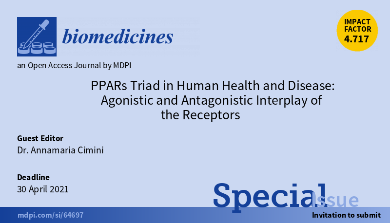 Biomed_MDPI's tweet photo. A new special issue "#PPARs Triad in Human Health and Disease: #Agonistic and #Antagonistic Interplay of the Receptors" edited by Dr. Annamaria Cimini is open for submission now. More details can be found here: https://t.co/NWpbVjS7wD https://t.co/Q4DOoTSdcT