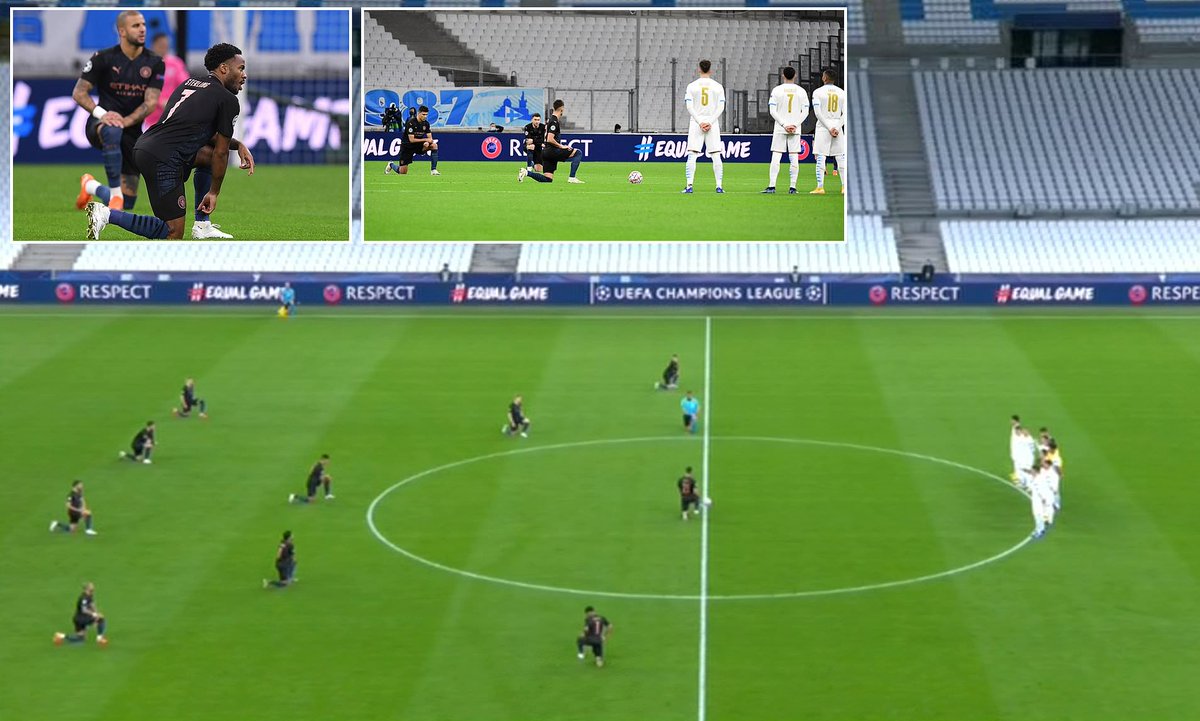 SiaranBolaLive's tweet photo. Para pemain Marseille dihujat fans mereka sendiri karena tak lakukan gesture berlutut bersama-sama dengan pemain Man City sebelum pertandingan #UCL dimulai sebagai bentuk dukungan gerakan anti Rasisme #BlackLivesMatter https://t.co/qRwj2Mo1kZ