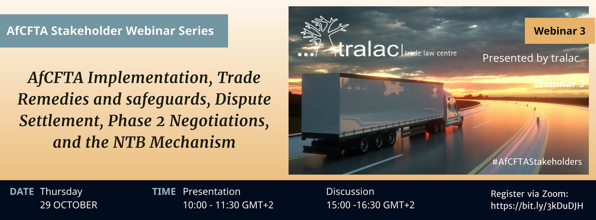 TradeLawCentre's tweet photo. The third in tralac’s #AfCFTA Stakeholder webinar series takes place tomorrow – AfCFTA Implementation, Trade Remedies and safeguards, Dispute Settlement, Phase 2 Negotiations, and the NTB Mechanism

📅 29 October 2020

🕙 10:00 - 11:30 SAST

🔗 Zoom: https://t.co/KOxJI48qHG https://t.co/JRnD9drrIL