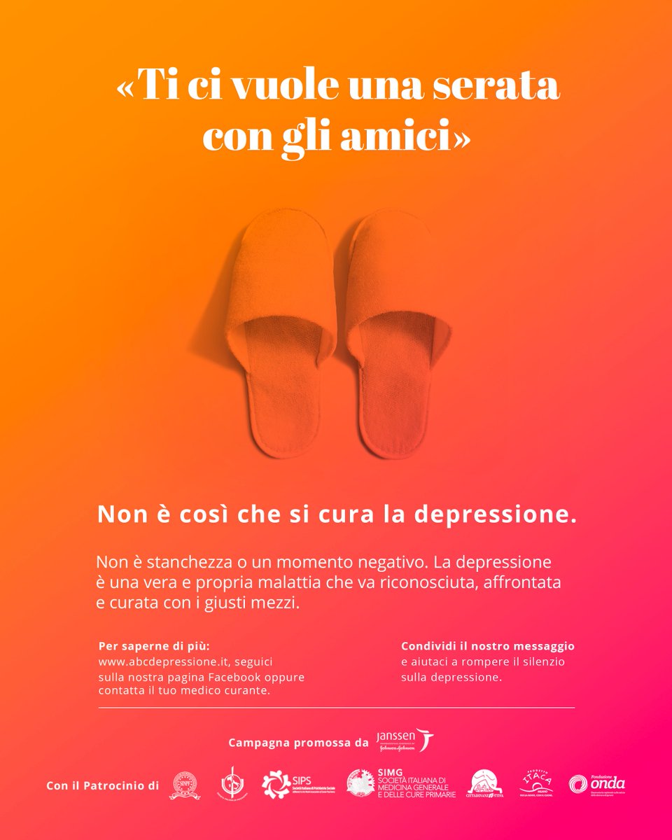 JnJ_Italy's tweet photo. π ππ ππ π«πͺπ€π‘π πͺπ£π π¨ππ§ππ©π ππ€π£ ππ‘π ππ’πππ β¦
Ma per chi soffre di #depressione la sola idea di togliersi le pantofole e vestirsi per uscire Γ¨ una montagna insormontabile
Segui la campagna #ABCDepressione
β‘οΈ https://t.co/yv6jqPYqaQ https://t.co/PWdy9PVLAX