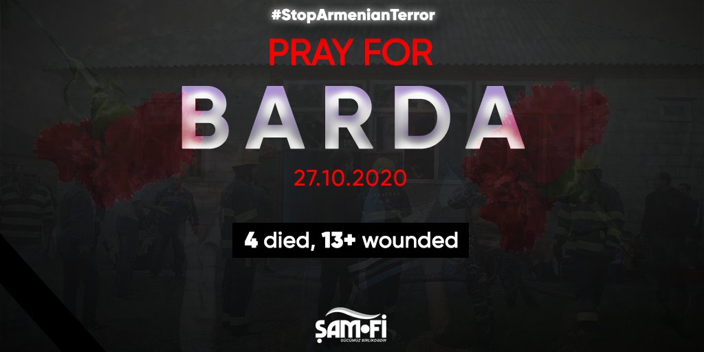 #PrayForBarda
On the evening of Oct. 27, the attack by the Armenian armed forces on the city of Barda killed four civilians including a 7-year-old child, and wounded 13 others.
#StopArmenianTerror #ArmenianWarCrimes #KarabakhisAzerbaijan #Azerbaijan
