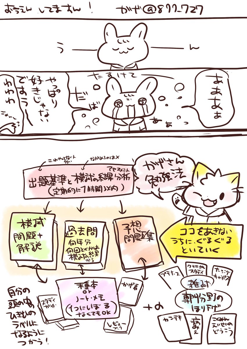 【看護国試対策めも】漫画?勉強方法について述べてみました…!ほんとにメモ描きでスミマセン…
今年は実習が例年通りできない不安からか国試の勉強に力を入れている人が多いので合格点のボーダーが上がるんじゃないかなんて言われてる🤔自己学習は楽しむ、飽きさせないがヒントに🐱ふぁいと…! 