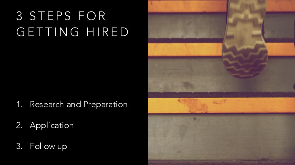 There are 3 steps to getting hired as a developer:1. Research and Preparation2. Job Application & Interview3. Follow up