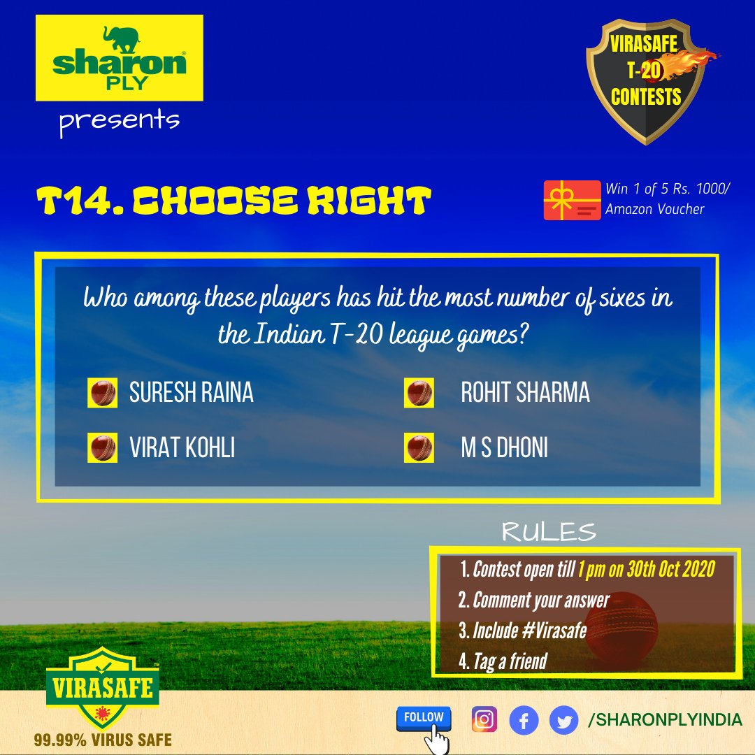 VIRASAFE T20 contest #T14
Lucky 5 will each win Rs 1000 Amazon voucher

Rules: 
1.Name the player (Most 6s among the four)
2.Add #VIRASAFE and tag a friend
3.Contest open till 1 pm on 30 Oct 2020

<a href="/india4contests/">india contest</a>

 #ContestAlert