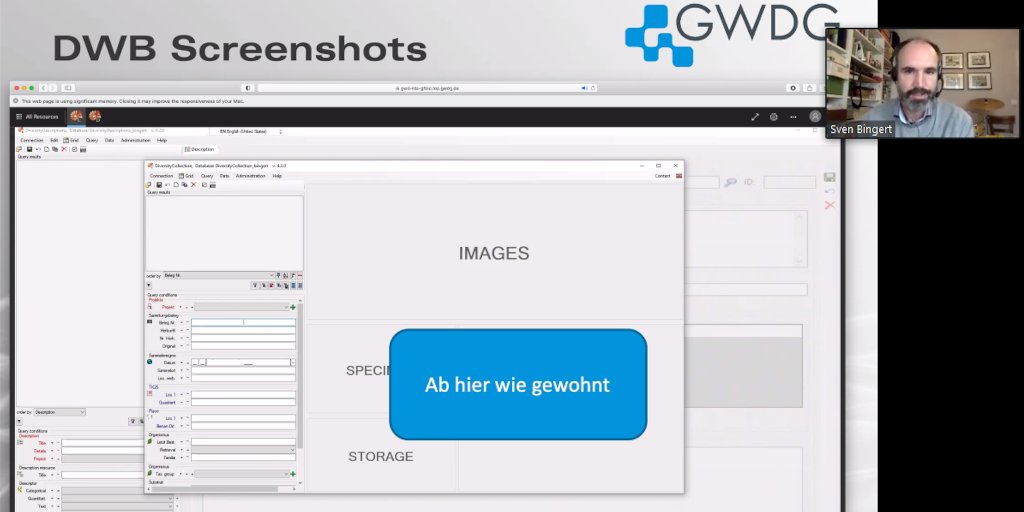 GFBio_eV's tweet photo. 39. #DiversityWorkbench workshop ended successfully yesterday.
Here our colleague @BingertS with a talk on DWB training environments as a GFBio Service.
@GWDG hosts DWB environments for GFBio users.
These new services for #RDM are realized in cooperation with @SNSB_Aktuell https://t.co/EON5iCb1ED