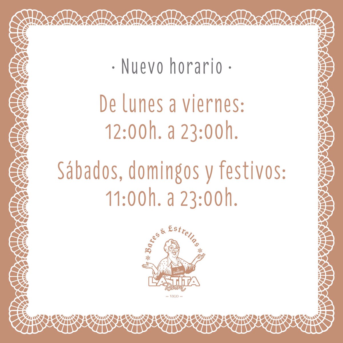 ¡Aquí tenéis nuestro nuevo horario! ¡Te esperamos en <a href="/LaTitaVigo/">La Tita Rivera Vigo</a>!

#LaTitaRiveraVigo #Vigo #BaresdeVigo