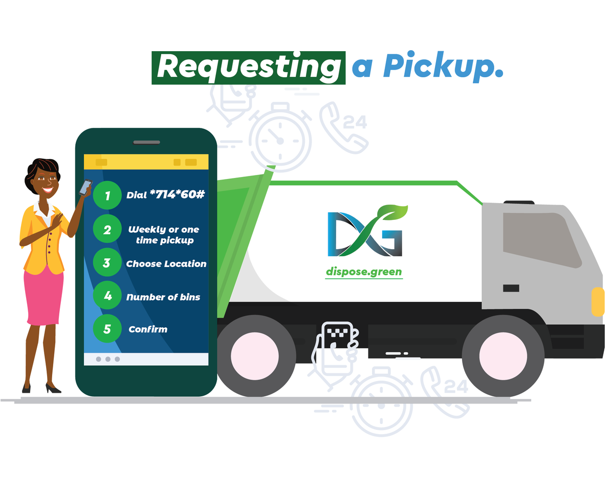 dispose_green's tweet photo. Got Waste? Dispose it. Request for a waste pickup today by dialing *714*60#. For General waste and recycling products. 
#disposegreen 
#requestpickup #wastemanagement https://t.co/gN0p7taD6x