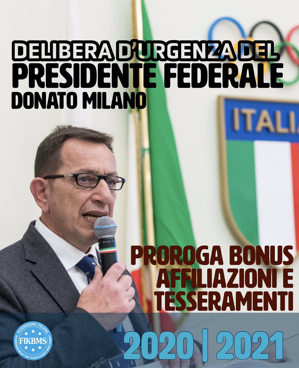 Federkombat's tweet photo. β οΈ DELIBERA DβURGENZA DEL PRESIDENTE FEDERALE: PROROGA BONUS AFFILIAZIONI E TESSERAMENTI 2020/2021
ππ» clicca qui β-> https://t.co/TMDo7CQYM7
#fikbms
#DonatoMilano https://t.co/RE6VdoL0T3