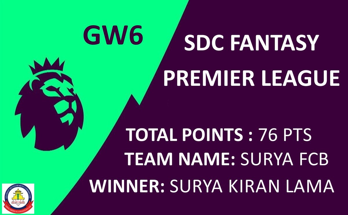 NMCTH_SDC's tweet photo. Congratulations to our Gameweek 6 winner of the Fantasy Premier League: Surya Kiran Lama (Team name: SURYA FCB) with 76 points. Well done on winning it for the second week in a row. https://t.co/y7ZJJsdg5V