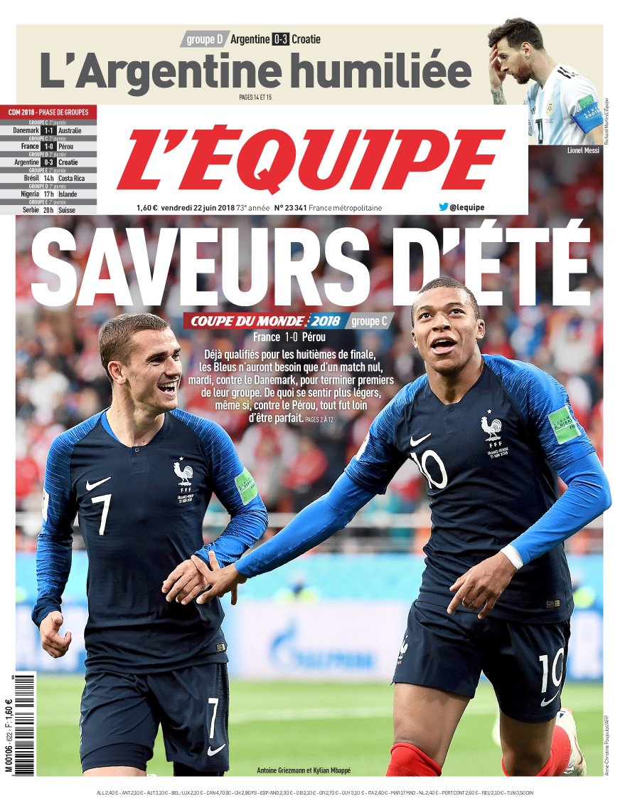 Sans convaincre une nouvelle fois, la France s'impose 1-0 devant le Pérou et se qualifie pour les 1/8èmes de finale grâce à un but de Mbappé à la 34ème minute.Le jeune attaquant de 19 ans devient alors le plus jeune joueur français à marquer un but lors d'un tournoi majeur.