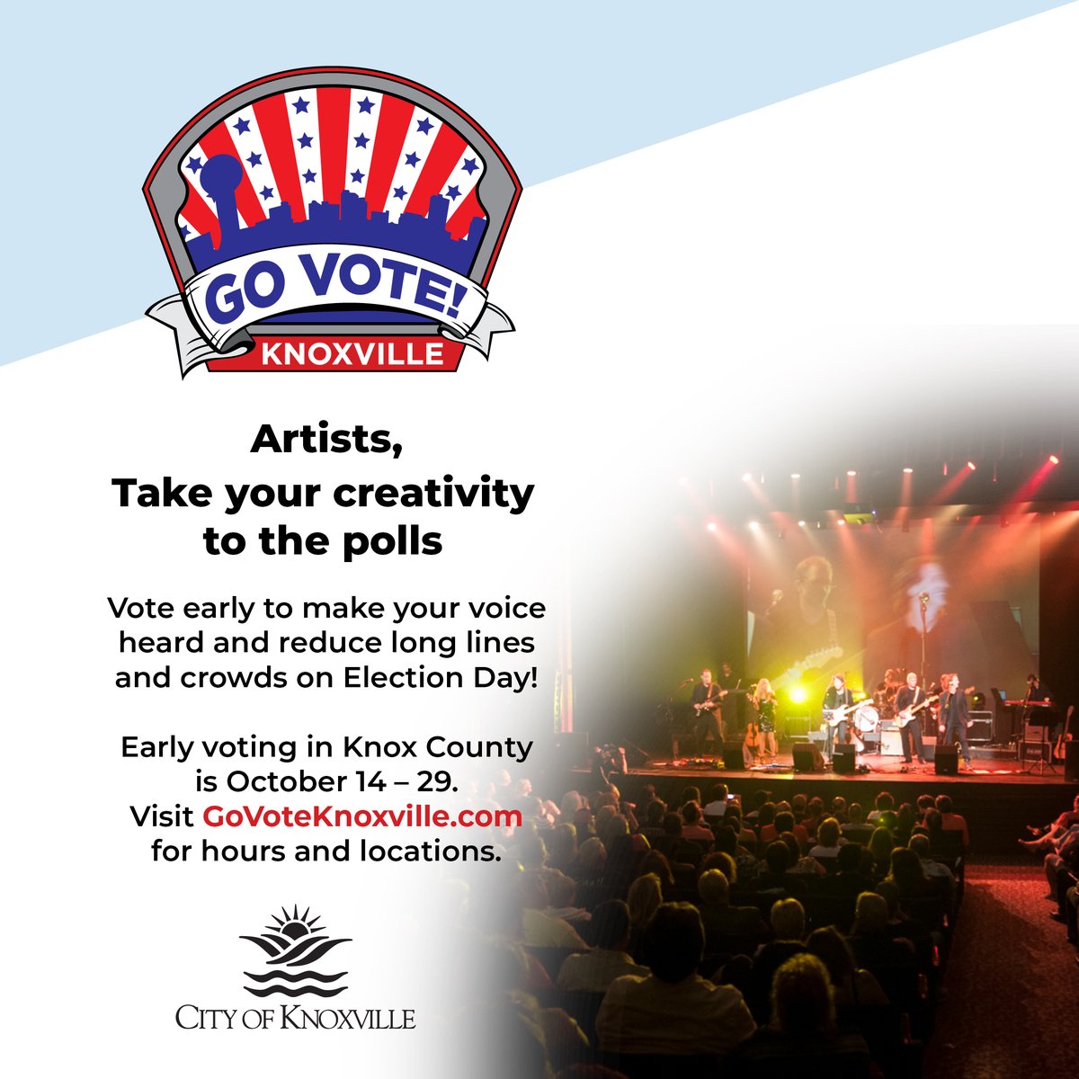 MayorKincannon's tweet photo. Our community is full of creative people! Painters, musicians, potters, tattoo artists... Make your unique voice heard at the polls. Early voting ends Oct. 29. #GoVoteKnoxville #EarlyVoteTN https://t.co/mE9v1D8aAk