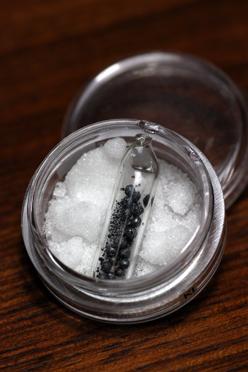 Iodine  #elementphotos. White crystalline powder is potassium iodide (KI). From black to white, all because of an electron!