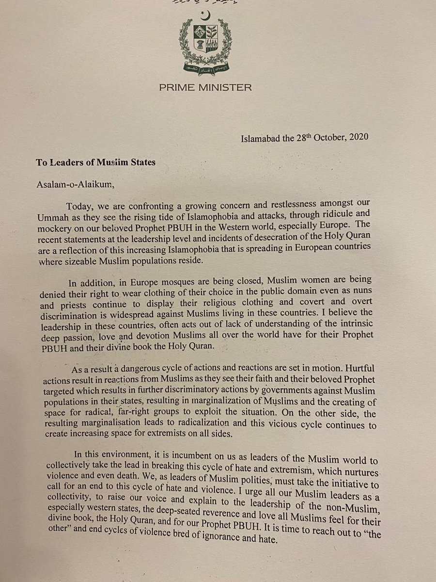 My letter to leaders of Muslim states to act collectively to counter the growing Islamophobia in non-Muslim states esp Western states causing increasing concern amongst Muslims the world over. https://t.co/OFuaKGu2c1