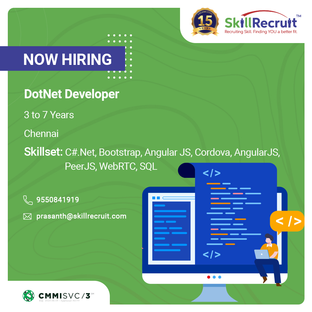 SkillRecruit's tweet photo. Are you a DotNet Developer looking for an amazing opportunity? We have an opening just right for you! Drop us a mail now. Follow us and stay up to date with Job vacancies in the industry!

#SkillRecruit #Skilliantech #NowHiring #DotNetDevelopers #DotNet #Chennai #ChennaiJobs https://t.co/cUJJhmn8fw