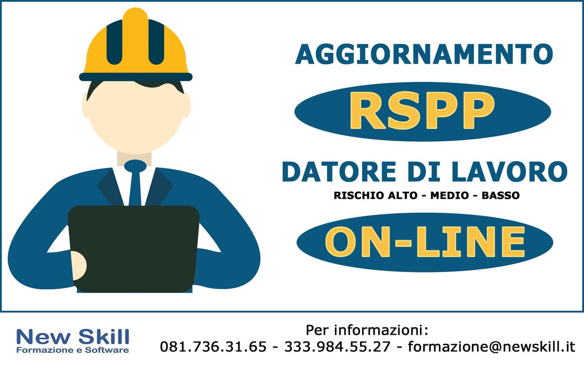 newskillformaz's tweet photo. Corso Aggiornamento 🔶#RSPP #DatorediLavoro🔶 Rischio Alto - Medio - Basso
#SICUREZZA D.Lgs. 81/08
Date: corso su internet, attivabile in qualsiasi momento!
#formazioneonline #corsoonline #formationline #formazioneadistanza #formazione #newskill https://t.co/2jiCwI5U7L