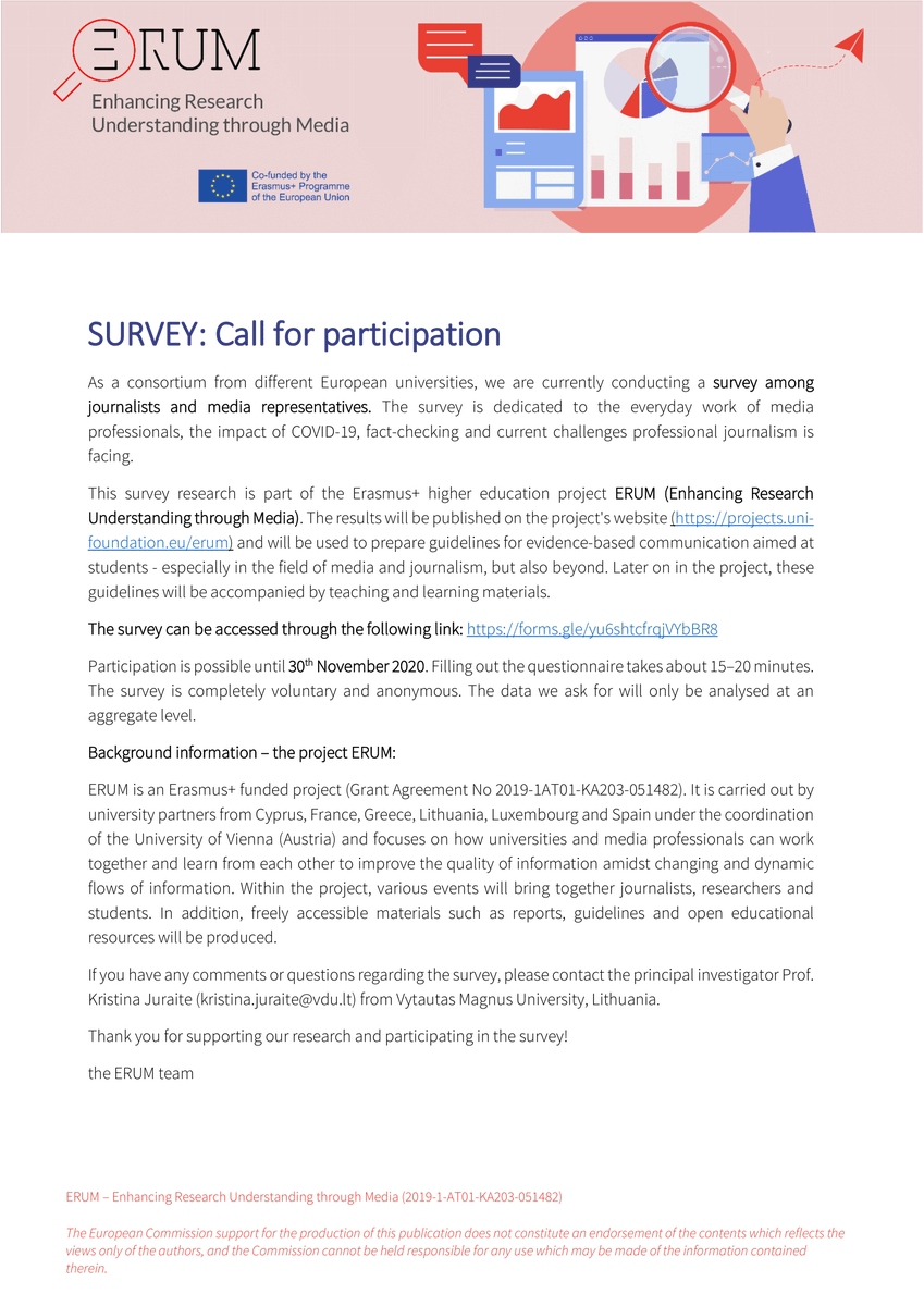 ERUMproject's tweet photo. Survey dedicated to everyday work of media professionals, impact of COVID-19, fact-checking &amp; current challenges professional journalism is facing: journalists and media professionals wanted! 🔎 https://t.co/pQlkyIEwGu #ERUMproject #qualityofinformation #journalism https://t.co/dij6goDZU0