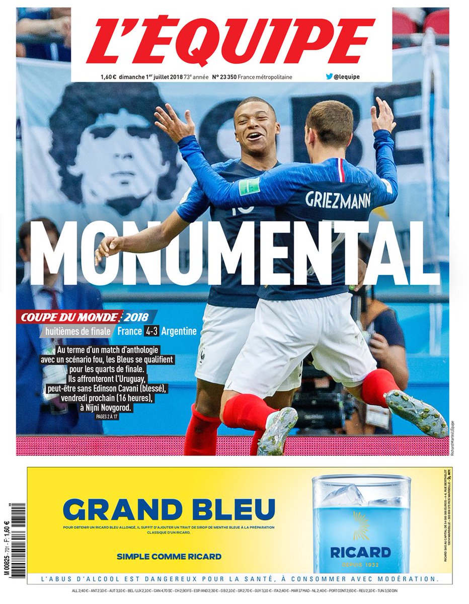 Dans un match totalement fou, l'Equipe de France, guidée par le talent de son joyau Mbappé, s'impose 4-3, laissant les rêves de Coupe du monde de Messi s'envoler.Grâce également à la demi-volée légendaire de Pavard, Griezmann et les siens rejoignent donc les 1/4 de finale.