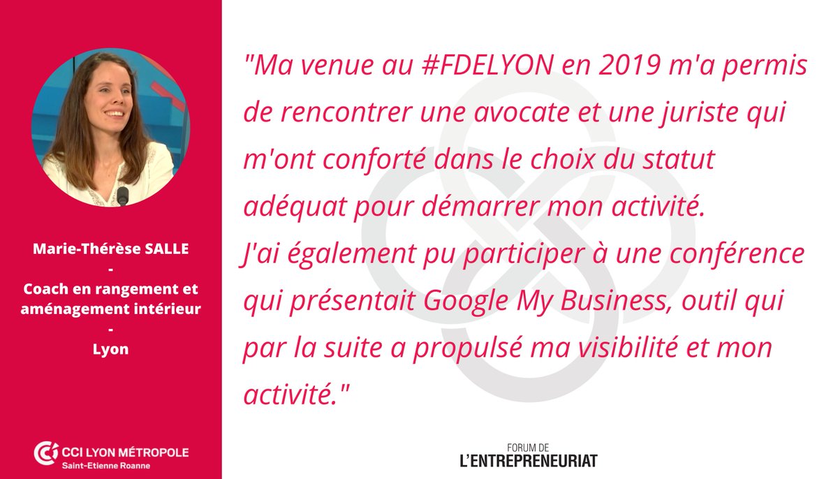 FDE_Lyon's tweet photo. Comme M.T. Sallé, venue au #FDELYON 2019 juste après le lancement de son activité de Coach en rangement et aménagement intérieur, faites le plein de conseils auprès du réseau d'experts @CCILYONMETRO en participant au #FDELYON 2020 !
▶️ https://t.co/4YJqOeiewV
#entrepreneuriat https://t.co/15zzbFj1zl