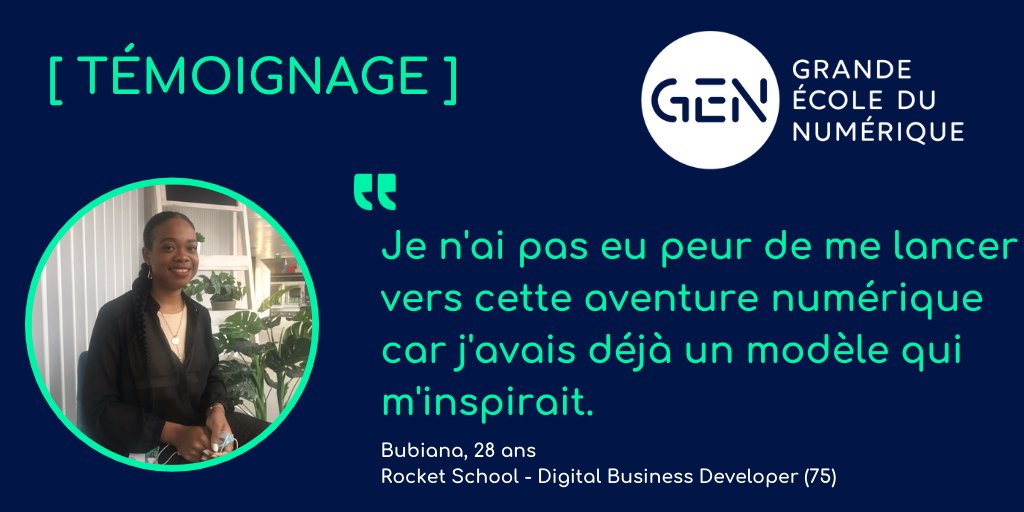 La Grande École du Numérique (@ecole_numerique) on Twitter photo 🎥 Découvrez le témoignage de Bubiana qui a suivi la formation #GEN "Digital Business Developer" de <a href="/rocketschoolfr/">Rocket School</a>.
Ancienne responsable en bijouterie, elle décide de se tourner vers le #numérique qui lui permet d'utiliser sa passion pour le digital.
👉grandeecolenumerique.fr/actualites/bub… 🎥 Découvrez le témoignage de Bubiana qui a suivi la formation #GEN "Digital Business Developer" de <a href="/rocketschoolfr/">Rocket School</a>.
Ancienne responsable en bijouterie, elle décide de se tourner vers le #numérique qui lui permet d'utiliser sa passion pour le digital.
👉grandeecolenumerique.fr/actualites/bub…