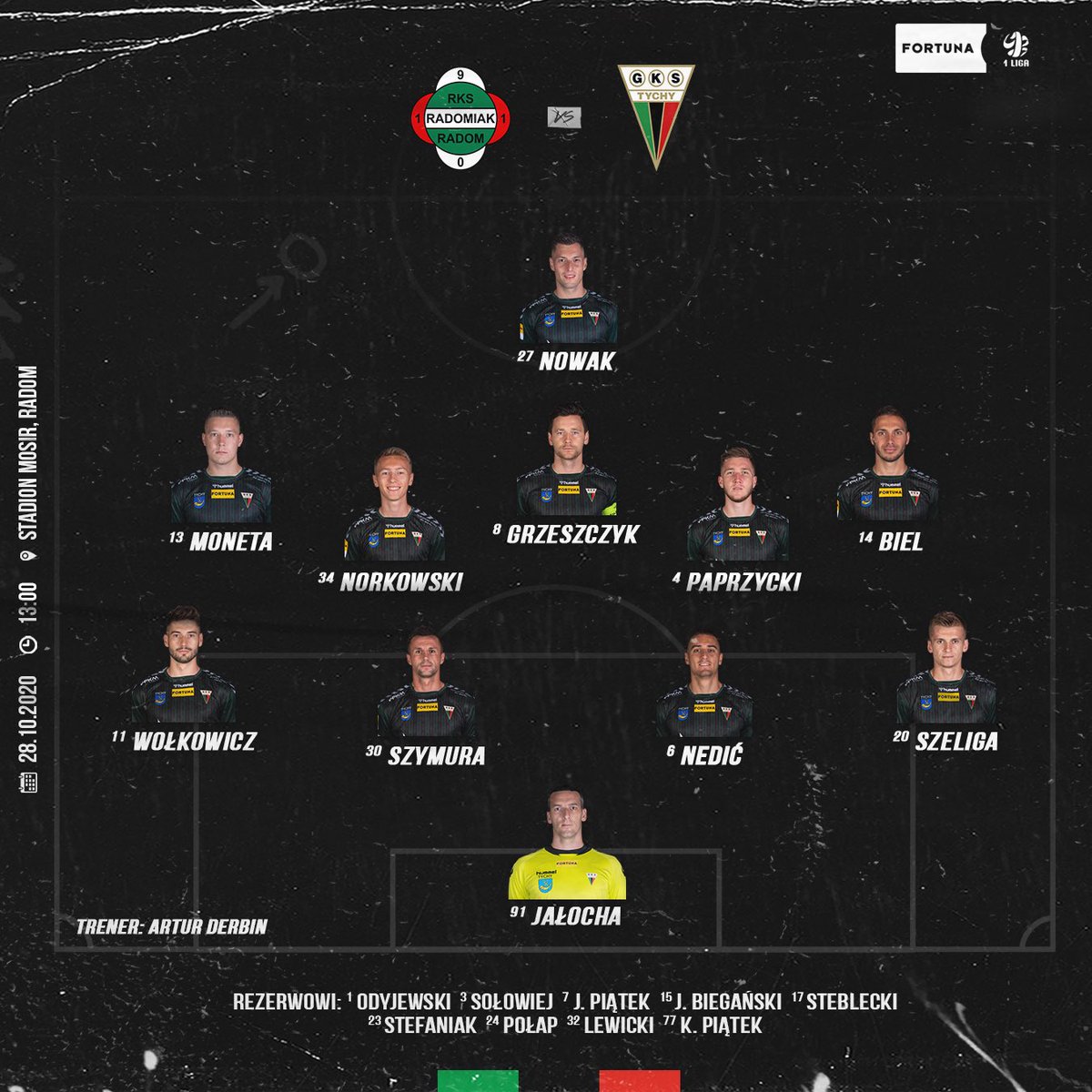 GKSTychy1971's tweet photo. ⚽️ W takim składzie rozpoczniemy zaległy mecz 8. kolejki @_1liga_ z @1910radomiak - do boju TYSZANIE! 🔥 #RADTYC https://t.co/OOnCJmclF9