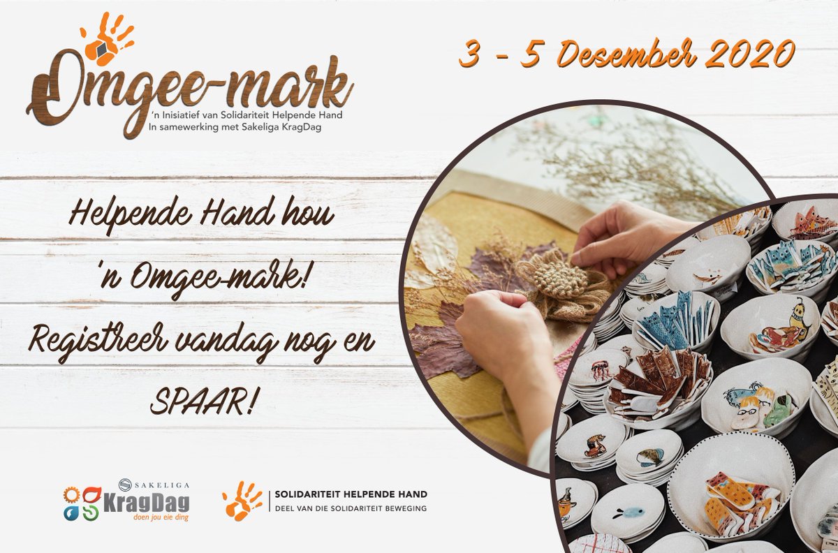 solhelpendehand's tweet photo. @solhelpendehand #Omgee-mark! 3-5 Desember! Bespreek jou stalletjie vandag nog teen 'n spesiale prys: https://t.co/bJnsUGcbu7 @solidariteit @SBeweging @ReneRouxSHH @NoethHannes @SolidariDirk https://t.co/h5qeaP425D