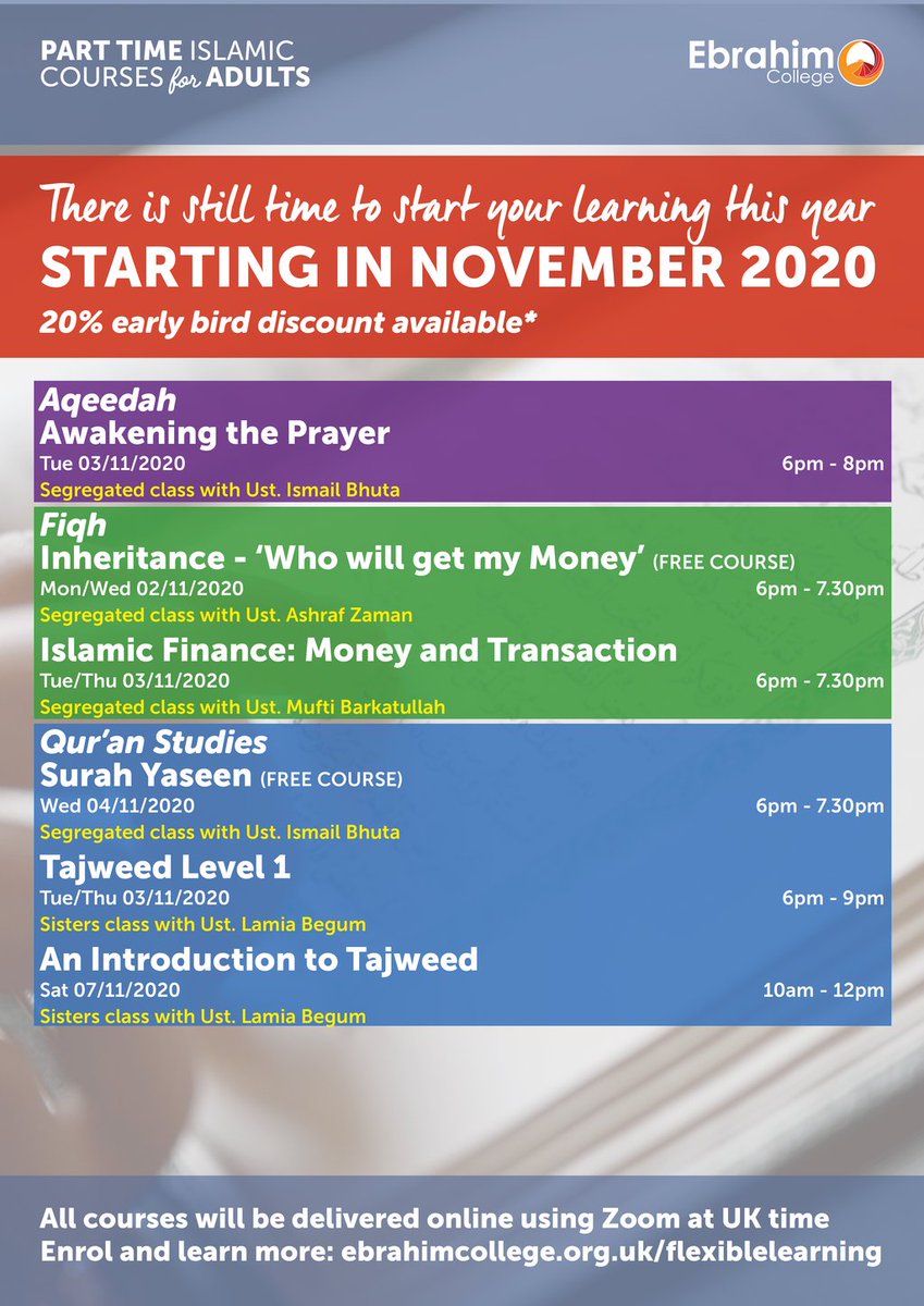 PART TIME COURSES START NEXT WEEK
Enrol now: https://t.co/tdkf3nQikn
#islamicstudies #parttimecourses #Arabic https://t.co/20et13T7uz