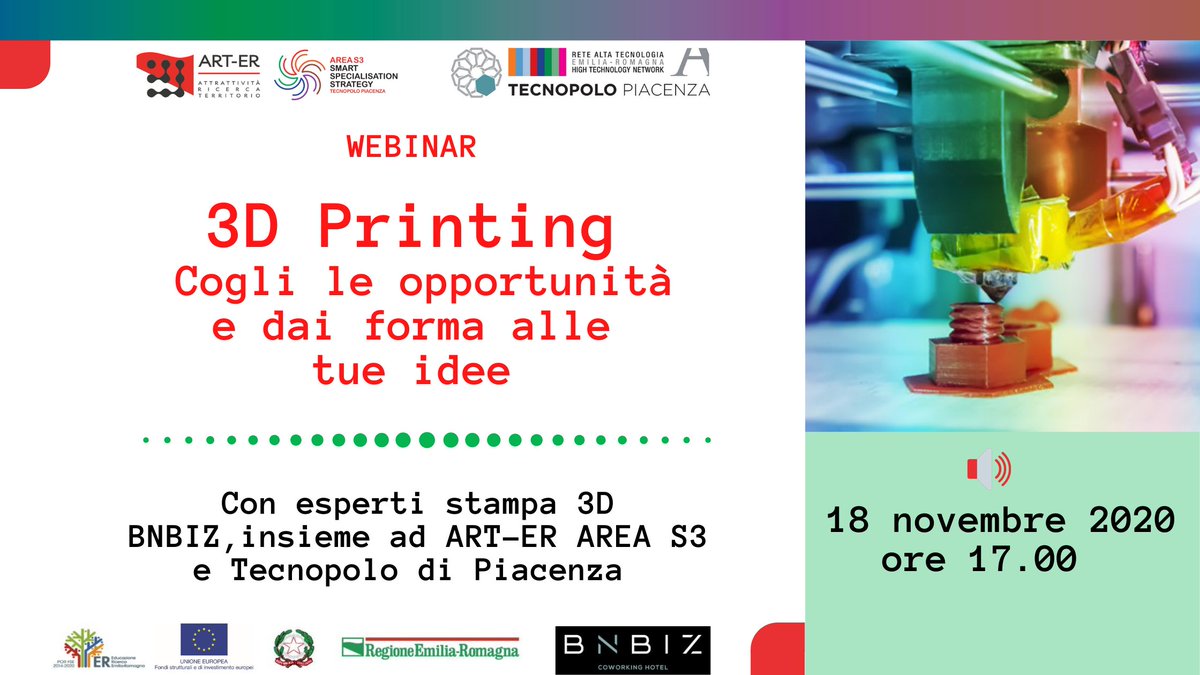 lucapiccinno13's tweet photo. Durante il "talk" saranno presentati alcuni progetti condivisi e di rete nell'ambito della stampa 3D è si parlerà di tecnologie e opportunità reg./europee per #ADDITIVEMANUFACTURING. Con @Arter_ER  #AREAS3 #TECNOPOLOPIACENZA #BNBIZ
Info e iscrizioni: https://t.co/2vDZFcNJe4 https://t.co/o439sypX5d