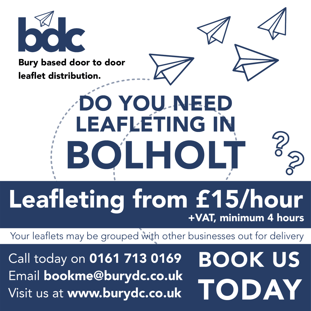 📮 Leafleting from £15/hour +vat (minimum 4 hours)
Do you need #leafleting in #Bolholt?
☎️ Call today on 0161 713 0169
📥 Email bookme@burydc.co.uk
🖥️ Or visit burydc.co.uk