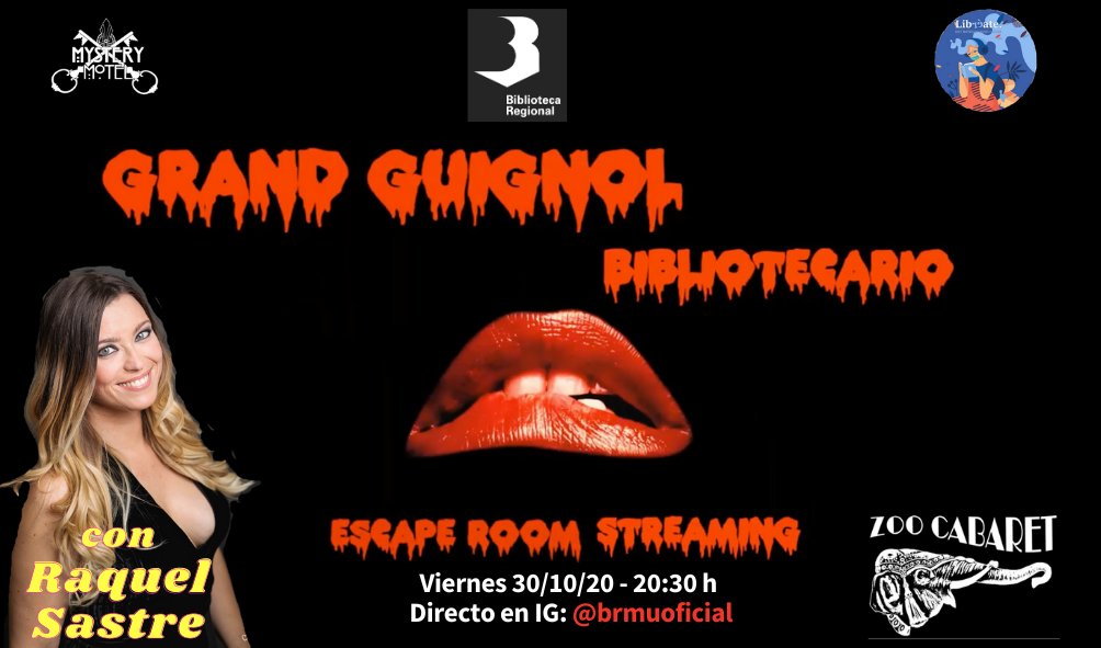 Tic, tac, tic, tac...Viernes 20:30 h en directo desde el Instagram de la <a href="/brmu/">Biblioteca Regional de Murcia</a> (<a href="/brmuoficial/">BrMU Server</a>). Si no nos sigues te lo vas a perder. <a href="/raquelsastrecom/">Raquel Sastre</a> <a href="/zoocabaret/">ZOO CABARET</a> #MysteryMotelMurcia #Libréate #Halloween #Grandguignolbibliotecario #escaperoom 💀🎃👻😱