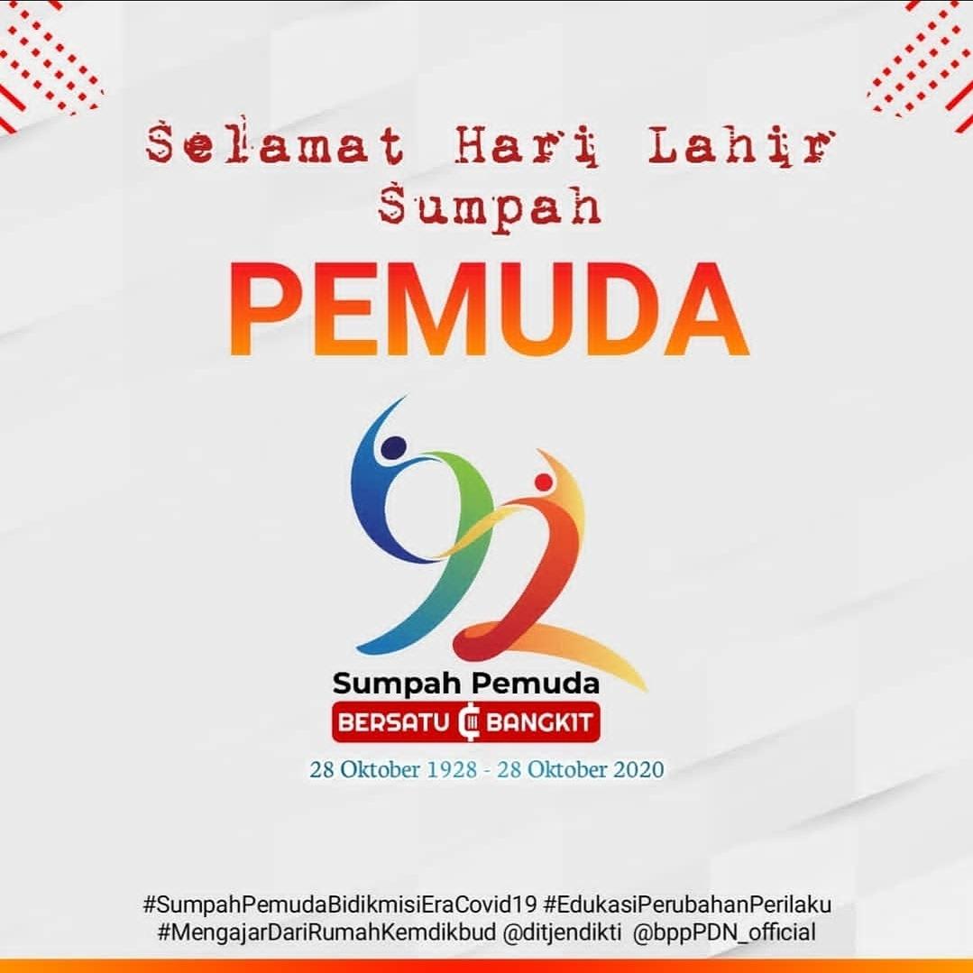 Hari sumpah pemuda ditengah tengah pandemi saat ini tetap mematuhi protokol kesehatan agar mencegah mata rantai covid 19

#SumpahPemudaBidikmisiEraCovid19 #EdukasiPerubahanPerilaku #mengajardarirumahkemendikbud <a href="/ditjendikti/">PDDIKTI</a> @bppPDN_official