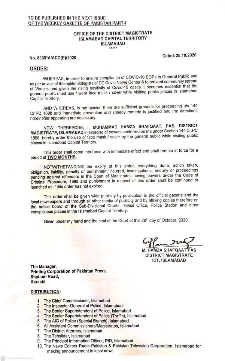 dcislamabad's tweet photo. Section 144 is imposed on wearing Face masks / covers in Islamabad . Anyone not wearing them in public places can be arrested by Police. https://t.co/KGmVkNEBRo