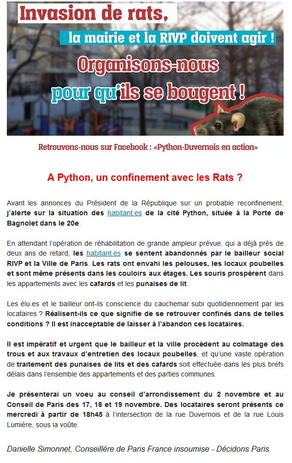 🔴A Python, un confinement avec les Rats ?

Alors que M. Macron devrait probablement annoncer un #reconfinement #Macron20h, j’alerte sur la situation des locataires de la cité Python #Paris20 où rats, souris, punaises de lit, cafards se multiplient. Il faut agir en urgence !